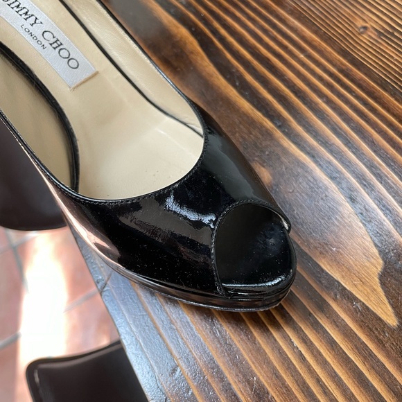 Jimmy Choo Nova Black Patent Peep Toe Platform Slingback 100mm Pumps 38 1/2 - Picture 15 of 16
